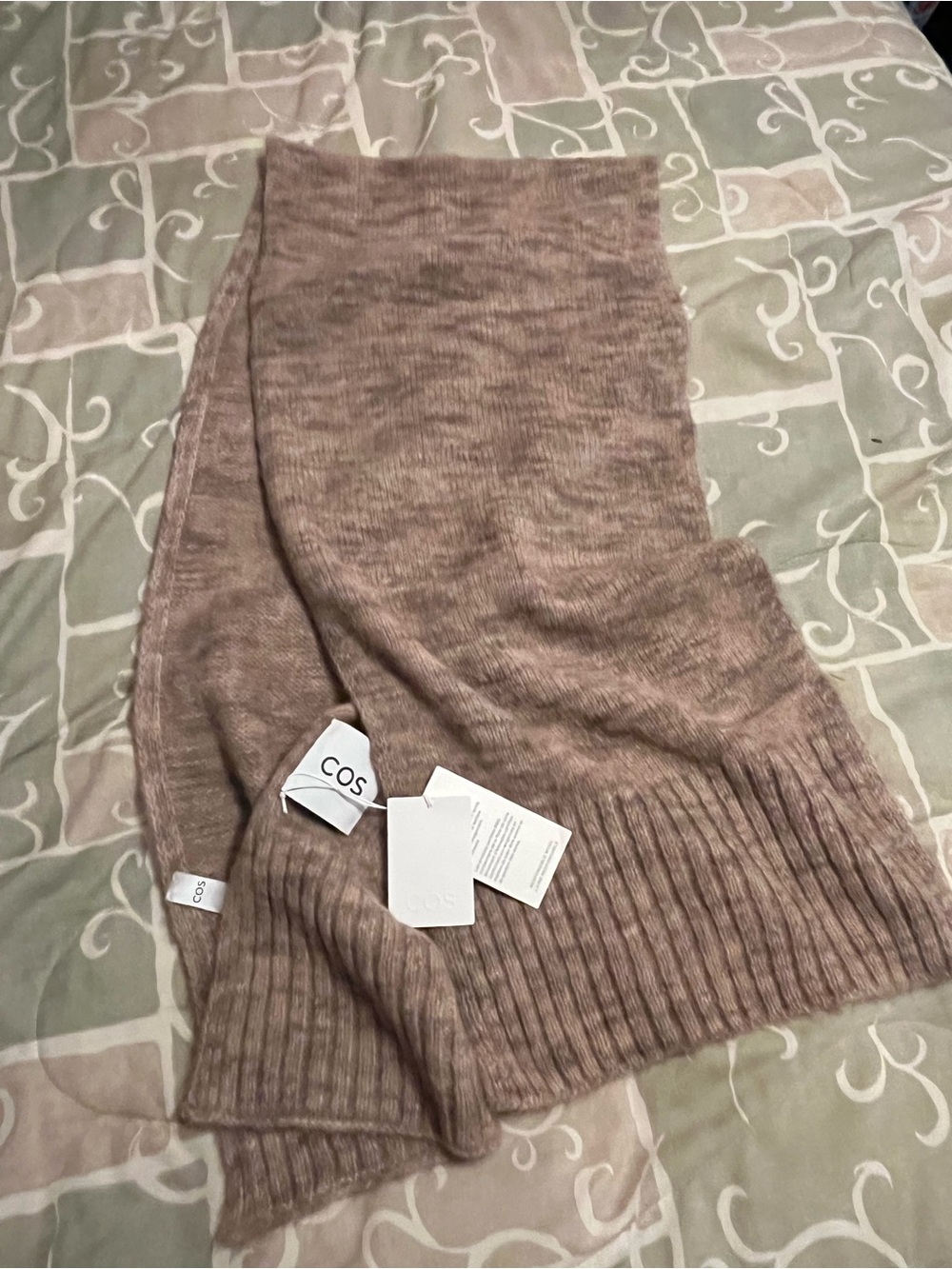 COS Women's Ribbed Knit Rectangle Scarf Alpaca Wool Blend Brown 68x18